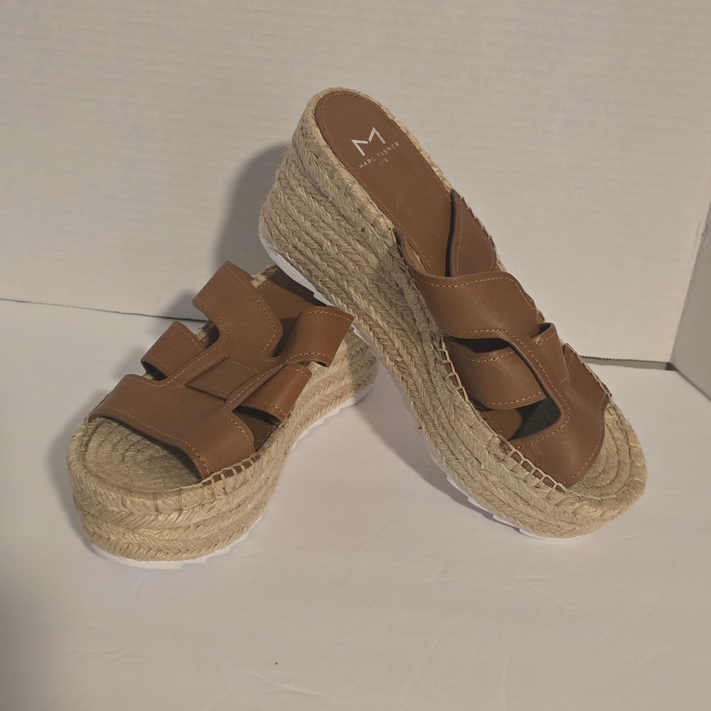 Marc Fisher LTD Robyn Cognac Leather Espadrille Platform Wedge Sandals 6.5M